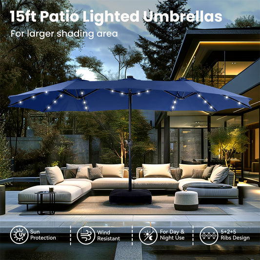 PHI VILLA 15ft Extra Large Double-Sided Patio Umbrella with Solar Powered LED Lights (Base Included)