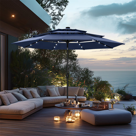 PHI VILLA 10ft 3 Tier Auto-tilt Patio Umbrella with Solar Powered LED Lights