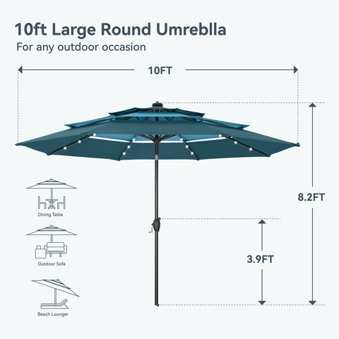 PHI VILLA 10ft 3 Tier Auto-tilt Patio Umbrella with Solar Powered LED Lights