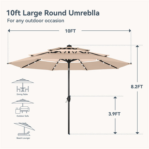 PHI VILLA 10ft 3 Tier Auto-tilt Patio Umbrella with Solar Powered LED Lights