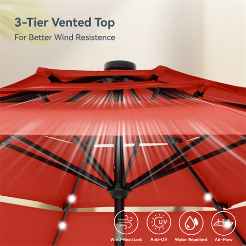 PHI VILLA 10ft 3 Tier Auto-tilt Patio Umbrella with Solar Powered LED Lights