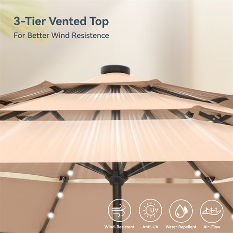 PHI VILLA 10ft 3 Tier Auto-tilt Patio Umbrella with Solar Powered LED Lights