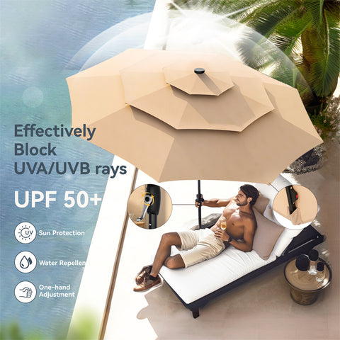 PHI VILLA 10ft 3 Tier Auto-tilt Patio Umbrella with Solar Powered LED Lights