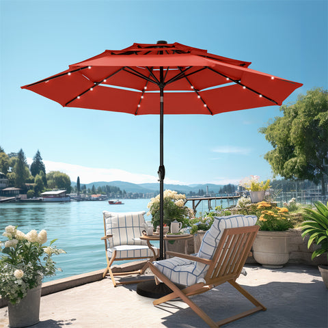 PHI VILLA 10ft 3 Tier Auto-tilt Patio Umbrella with Solar Powered LED Lights