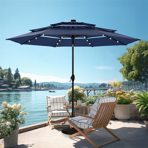 PHI VILLA 10ft 3 Tier Auto-tilt Patio Umbrella with Solar Powered LED Lights