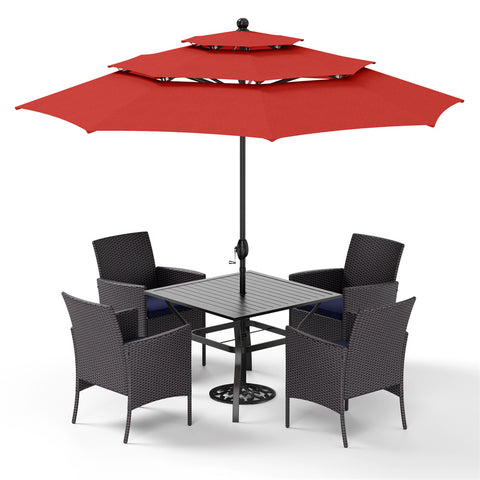 PHI VILLA 6-Piece Patio Dining Set with Umbrella Square Metal Dining Table & 4 Cushioned Rattan Chairs