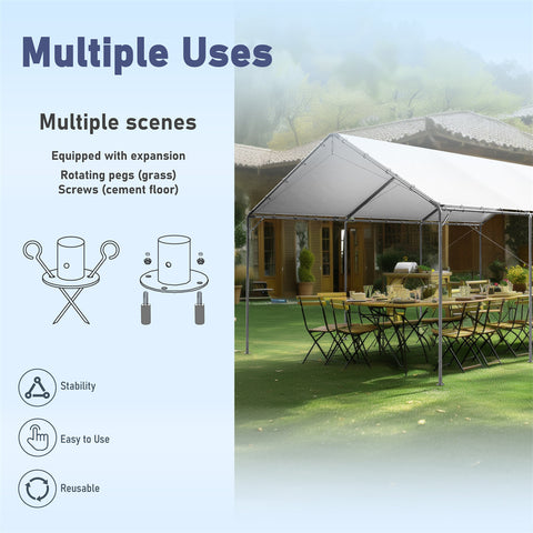 Phi Villa 12 x20 White Carport Height Adjustable Outdoor Heavy Duty Car Storage