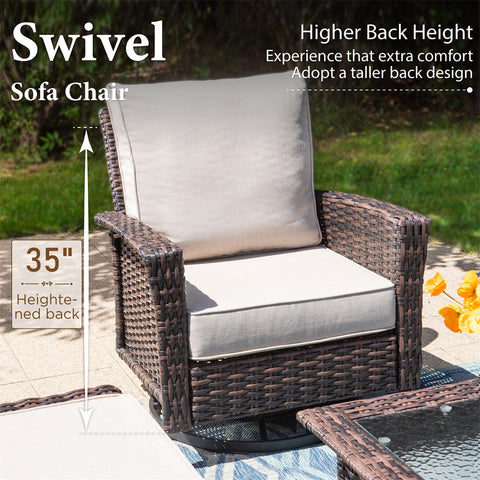 Phi Villa 5 Seats Wicker Patio Conversation Sofa Set with Swivel Chairs and Coffee Table