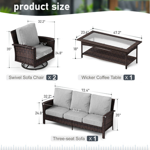 Phi Villa 5 Seats Wicker Patio Conversation Sofa Set with Swivel Chairs and Coffee Table