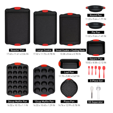 Kitchen Academy 18 Piece Black Granite Nonstick Carbon Steel Stackable Bakeware Sets with Red Silicone Handles