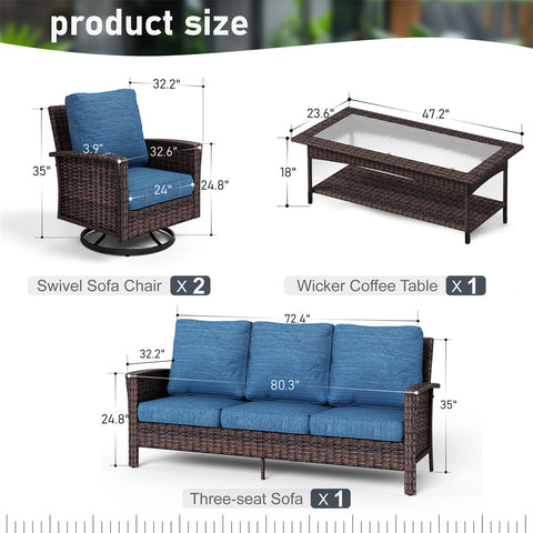 Phi Villa 5 Seats Wicker Patio Conversation Sofa Set with Swivel Chairs and Coffee Table