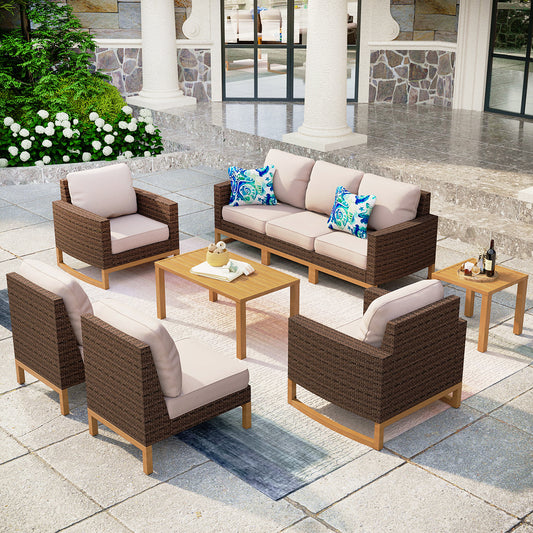 PHI VILLA 7-Seat Luxurious Rattan Wood-grain Patio Sofa Set