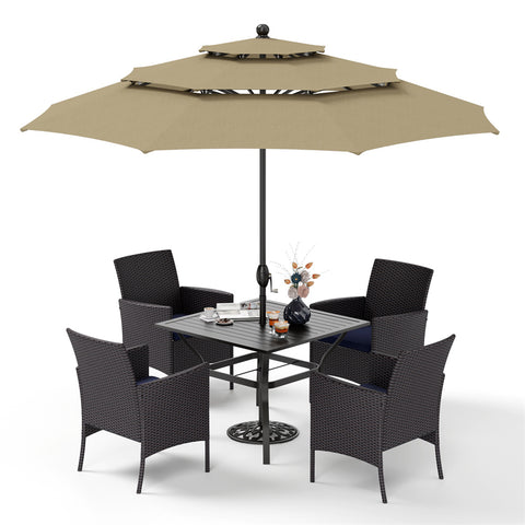 PHI VILLA 6-Piece Patio Dining Set with Umbrella Square Metal Dining Table & 4 Cushioned Rattan Chairs