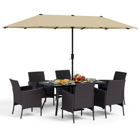 PHI VILLA 8-Piece Outdoor Dining Set with 13’ Umbrella Large Rectangle Metal Dining Table & Cushioned Rattan Chairs