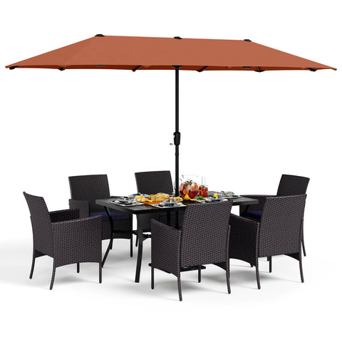 PHI VILLA 8-Piece Outdoor Dining Set with 13’ Umbrella Large Rectangle Metal Dining Table & Cushioned Rattan Chairs