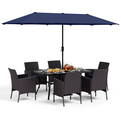 PHI VILLA 8-Piece Outdoor Dining Set with 13’ Umbrella Large Rectangle Metal Dining Table & Cushioned Rattan Chairs