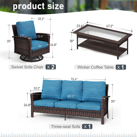 Phi Villa 5 Seats Wicker Patio Conversation Sofa Set with Swivel Chairs and Coffee Table