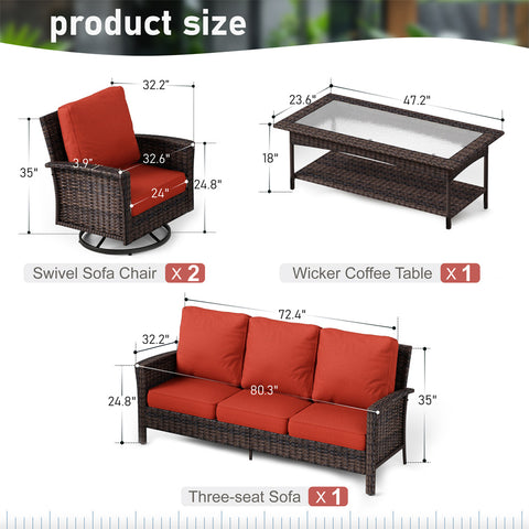 Phi Villa 5 Seats Wicker Patio Conversation Sofa Set with Swivel Chairs and Coffee Table