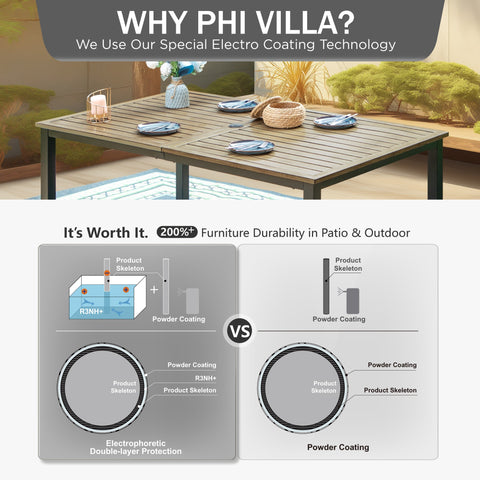 PHI VILLA 7-Piece Patio Dining Set Farmhouse Style Wood Grain Table & Stackable Steel Chairs