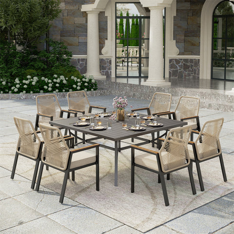 PHI VILLA 9-Piece Outdoor Patio Dining Set with Handcrafted Rattan Rope Chairs