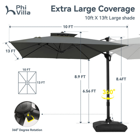 PHI VILLA 10ft Patio Cantilever Umbrellas with Double-top and 360-Degree Rotation