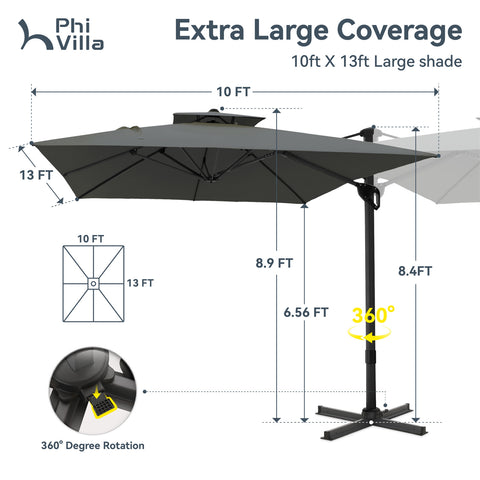 PHI VILLA 10ft Patio Cantilever Umbrellas with Double-top and 360-Degree Rotation