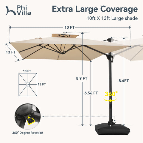 PHI VILLA 10ft Patio Cantilever Umbrellas with Double-top and 360-Degree Rotation