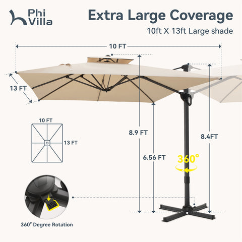 PHI VILLA 10ft Patio Cantilever Umbrellas with Double-top and 360-Degree Rotation