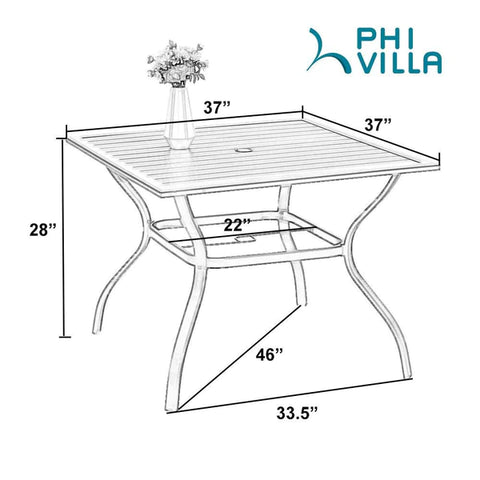 PHI VILLA 6-Piece Patio Dining Set with Umbrella Square Metal Dining Table & 4 Cushioned Rattan Chairs