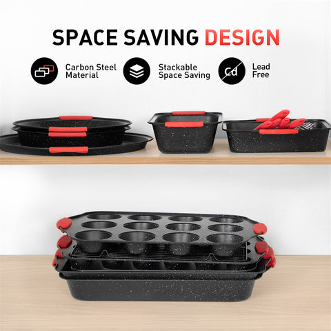 Kitchen Academy 18 Piece Black Granite Nonstick Carbon Steel Stackable Bakeware Sets with Red Silicone Handles