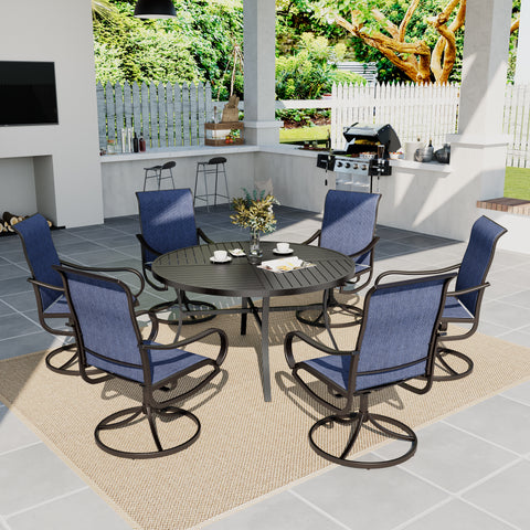 PHI VILLA 7-Piece Patio Dining Set Round Steel Table & Textilene Swivel Chairs