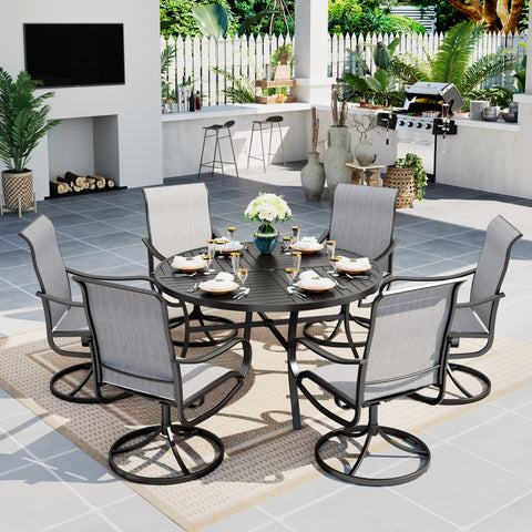 PHI VILLA 7-Piece Patio Dining Set Round Steel Table & Textilene Swivel Chairs