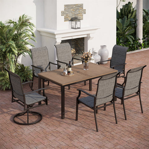 PHI VILLA 7-Piece Farmhouse Style Wood Grain Table & High-back Padded Textilene Chairs Patio Dining Sets