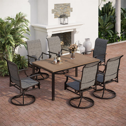 PHI VILLA 7-Piece Farmhouse Style Wood Grain Table & High-back Padded Textilene Chairs Patio Dining Sets