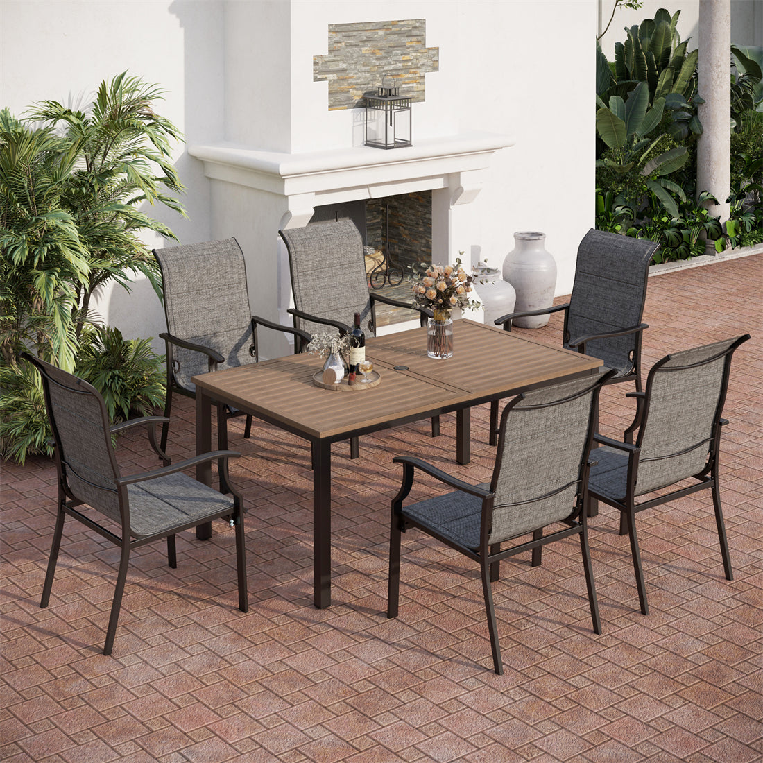 PHI VILLA 7-Piece Farmhouse Style Wood Grain Table & High-back Padded Textilene Chairs Patio Dining Sets