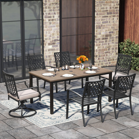 PHI VILLA 7-Piece Patio Dining Set Farmhouse Style Wood Grain Table & Stackable Steel Chairs