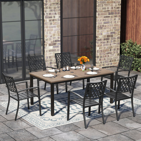 PHI VILLA 7-Piece Patio Dining Set Farmhouse Style Wood Grain Table & Stackable Steel Chairs