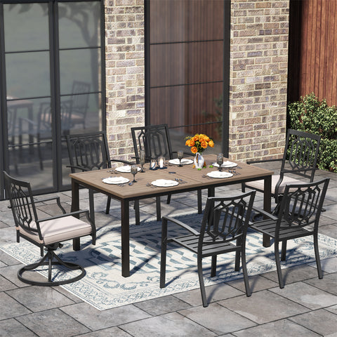 PHI VILLA 7-Piece Patio Dining Set Farmhouse Style Wood Grain Table & Stackable Steel Chairs