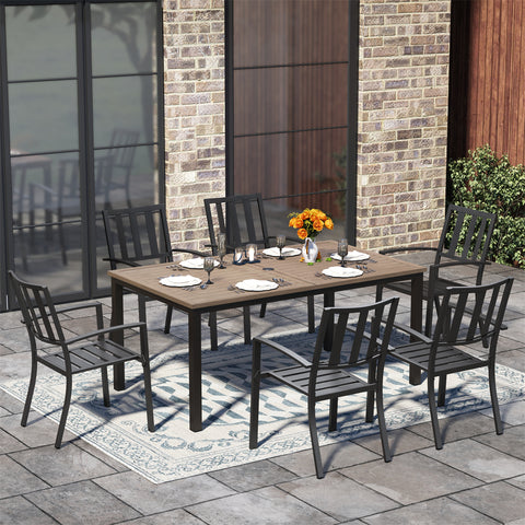 PHI VILLA 7-Piece Patio Dining Set Farmhouse Style Wood Grain Table & Stackable Steel Chairs