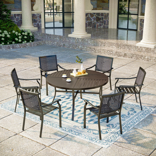 MFSTUDIO 7-Piece Patio Dining Set Round Table & Bullseye Patterned Steel Chairs