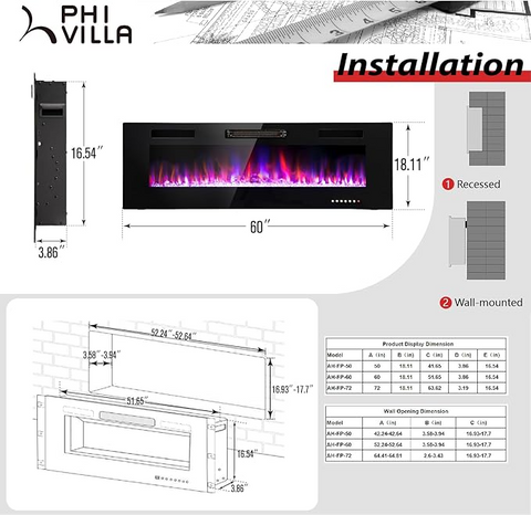 PHI VILLA 60" Ultra-thin Insert Wall Mounted & Recessed Electric Fireplace with Remote Control & Touch Screen, 750/1500W