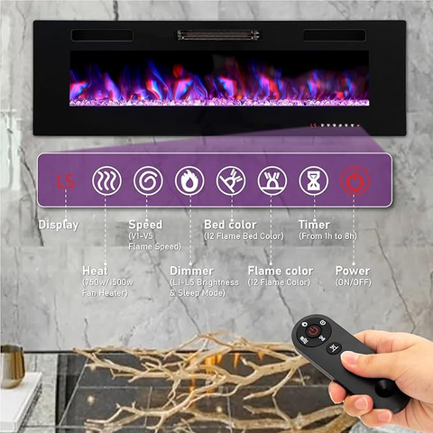 PHI VILLA 60" Ultra-thin Insert Wall Mounted & Recessed Electric Fireplace with Remote Control & Touch Screen, 750/1500W