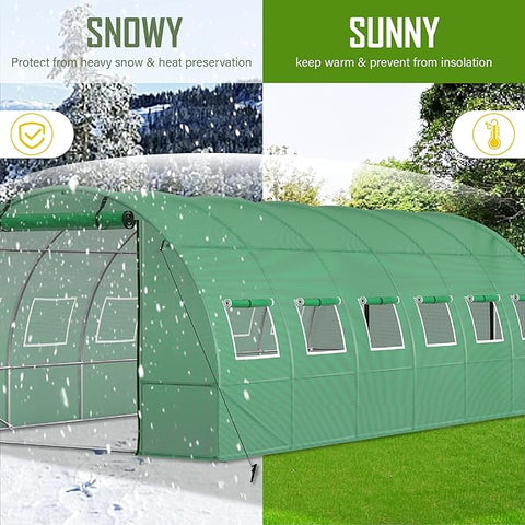 PHI VILLA Large Heavy Duty Outdoor Greenhouse Walk in Tunnel Green House Garden Tent with 2 Zippered Screen Doors
