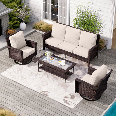 Phi Villa 5 Seats Wicker Patio Conversation Sofa Set with Swivel Chairs and Coffee Table