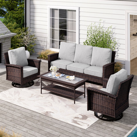 Phi Villa 5 Seats Wicker Patio Conversation Sofa Set with Swivel Chairs and Coffee Table