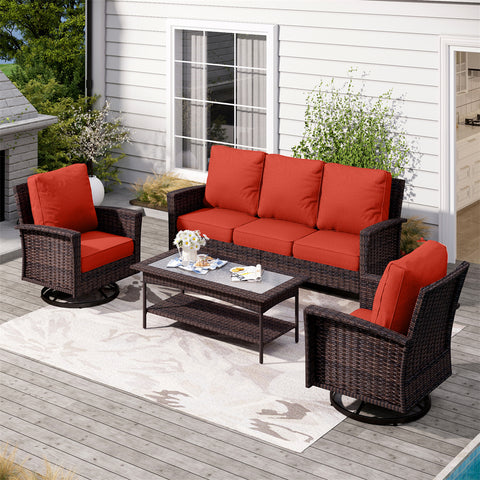 Phi Villa 5 Seats Wicker Patio Conversation Sofa Set with Swivel Chairs and Coffee Table