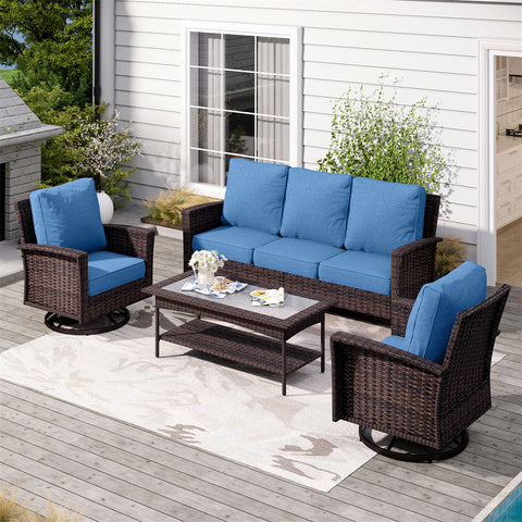 Phi Villa 5 Seats Wicker Patio Conversation Sofa Set with Swivel Chairs and Coffee Table