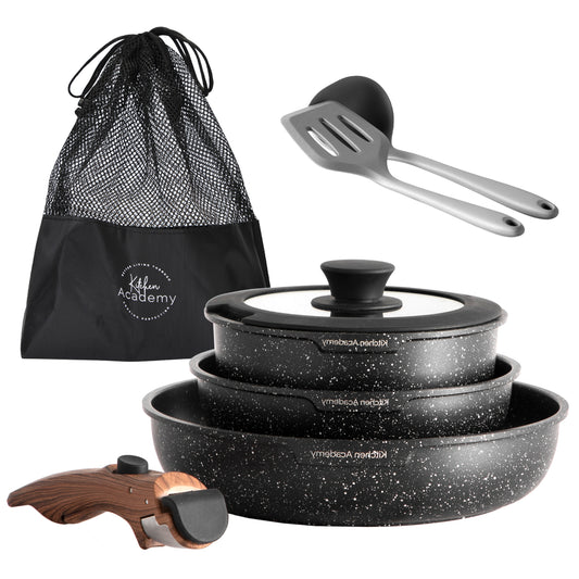 Kitchen Academy Detachable Handle Induction Cookware Sets - 10 Piece  Non-stick Cooking Pots and Pans, Black Granite Stackable RV Cookware for  Camp - Yahoo Shopping