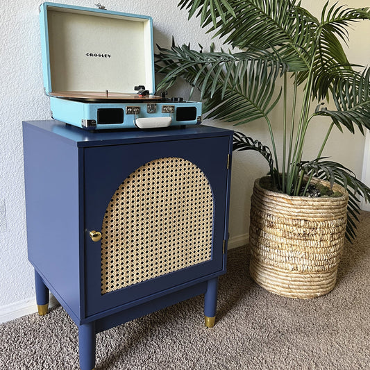 Blue Storage Cabinet with Rattan Doors and Adjustable Shelves -MFSTUDIO