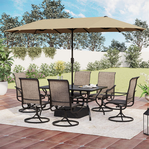 PHI VILLA 8-Piece Patio Dining Set with 13ft Umbrella Textilene Swivel Chair & Slat Rectangle Table